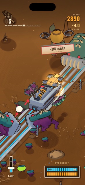 Wave five: the rig hovers over the locomotive while boarders climb the deck, and a hawker drone hangs overhead carrying a board reading WATCH THE PITCH, plus 216 scrap.